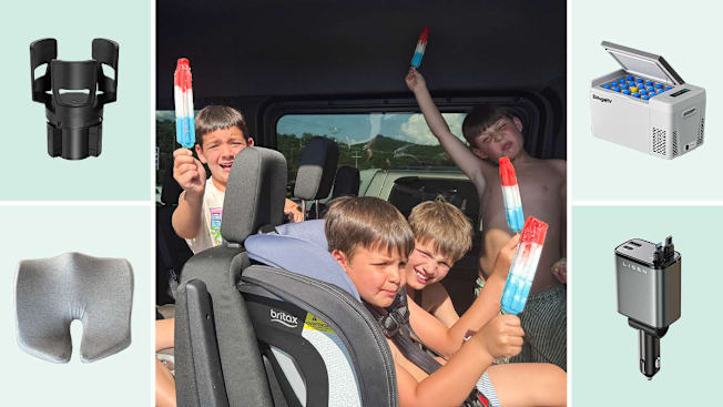 Gorilla Grip cupholder, Cushionlab seat cushion, Lison retractable car charger, Bougee cooler, kids in a car